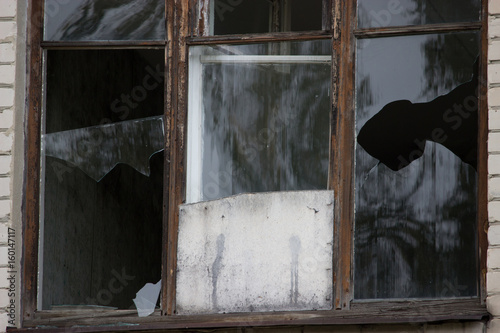 Broken windows in an building