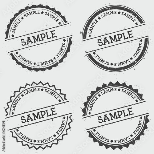 Sample insignia stamp isolated on white background. Grunge round hipster seal with text, ink texture and splatter and blots, vector illustration.