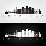 Yokohama skyline and landmarks silhouette, black and white design, vector illustration.