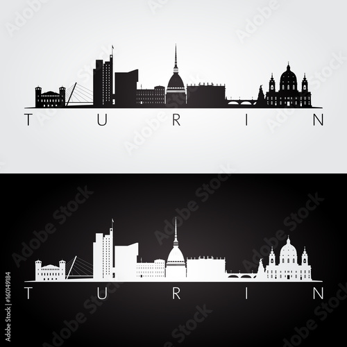 Turin skyline and landmarks silhouette, black and white design, vector illustration.