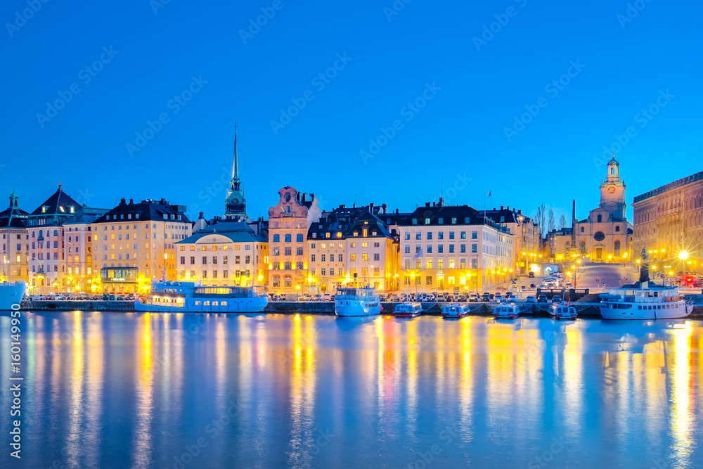 Cityscape of Stockholm city at night in Sweden.