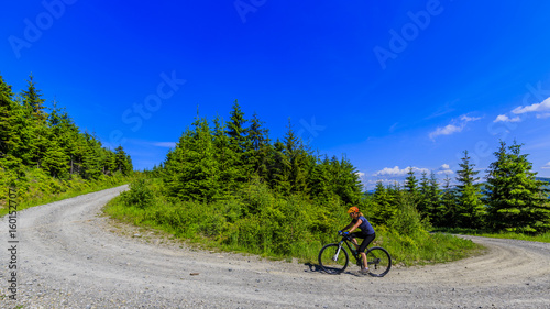 Mountain biking women riding on bike in summer mountains forest landscape. Woman cycling MTB outdoor sport activity.