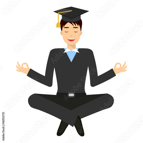 smiling male in graduation cup, yoga pose