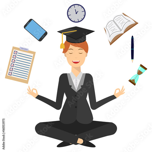 smiling women in graduation cup, yoga pose