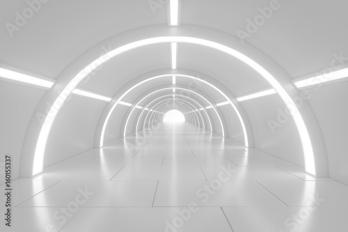 Fotografi Abstract empty shining tunnel with light in the end