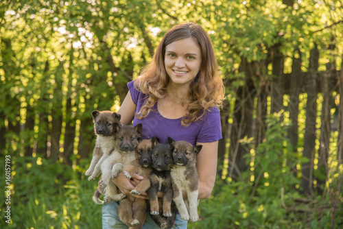 Beautiful girl holds on the arm five cute fluffy puppies of breed Siberian Laika