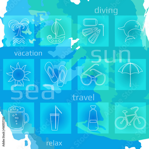 Set of twelve white line vacation icons. Vector illustration