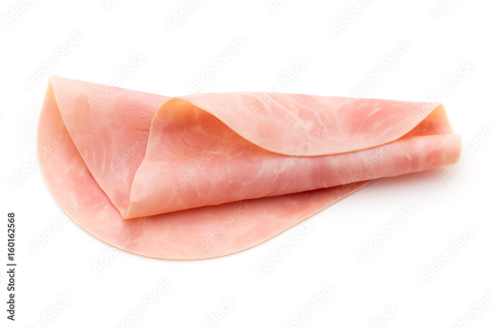 Thin slices of ham on white background.