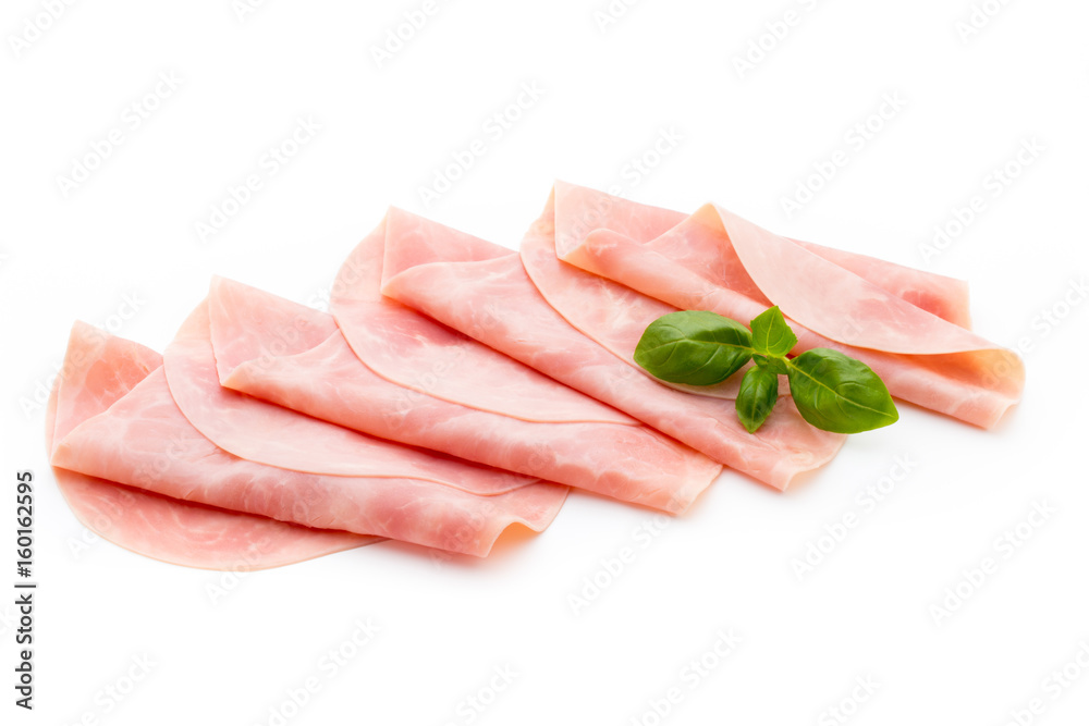 Thin slices of ham on white background. Thin slices of ham on white background.