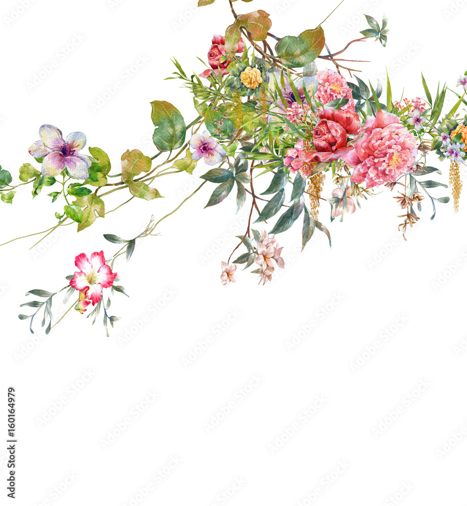 Fototapeta premium watercolor painting of leaves and flower, on white background