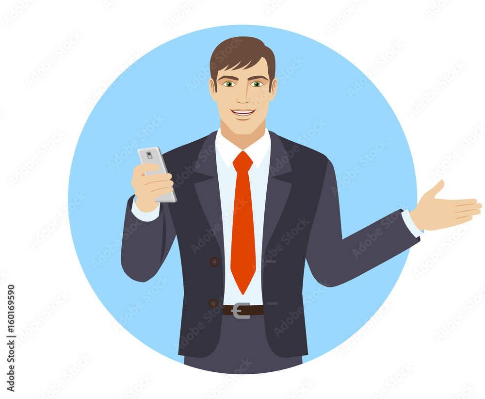 Businessman with mobile phone showing something beside of him Businessman with mobile phone showing something beside of him