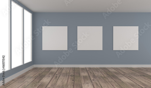 Three Mock up poster in a blue room