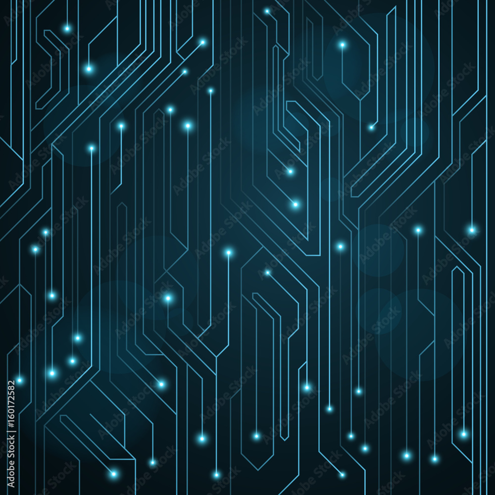 High-tech background of blue color from a computer board with LEDs and luminous neon connectors. Computer circuit. A large electronic network. Vector illustration