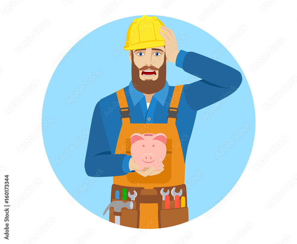 Worker with piggy bank grabbed his head Worker with piggy bank grabbed his head