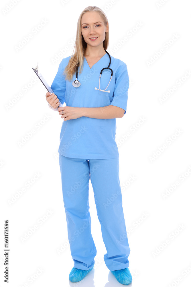 Smiling young nurse portrait isolated over white background. Smiling young nurse portrait isolated over white background.