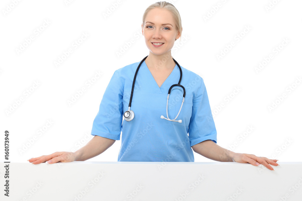 Smiling young nurse portrait isolated over white background. Smiling young nurse portrait isolated over white background.