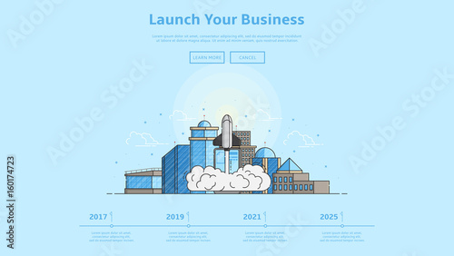 Web banner with launch rocket from smart phone. Background for business start up. Color vector illustration in linear style with city landscape.