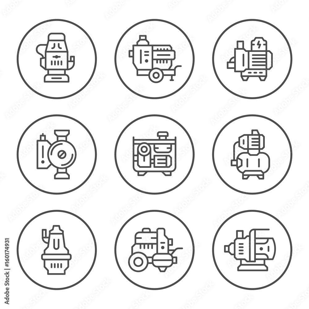 Set round line icons of water pump Set round line icons of water pump