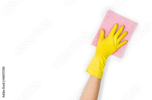Isolated woman's hand cleaning on a white background. Cleaning or housekeeping concept background. Frame for text or advertising