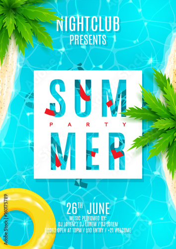 Blue summer party flyer. Beautiful background with top view on sea, sea shore and palm trees. Vector illustration. Invitation to nightclub.