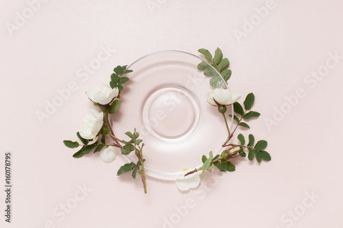 Sprigs of a tea light rose on a pink background