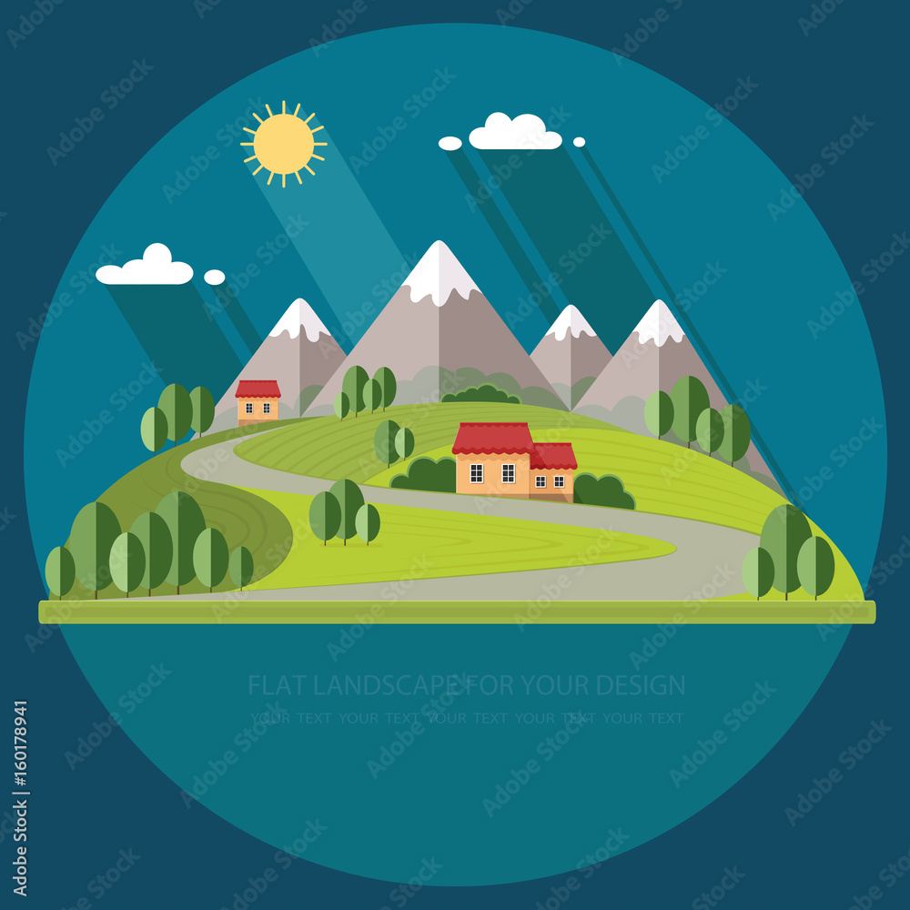 Naklejka premium Beautiful rural landscape with houses and mountain views. The village road to the garden, field. Spring Summer Autumn. Flat design style vector illustration.