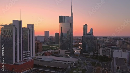 milan skyline porta nuova financial center aerial view at sunrise photo