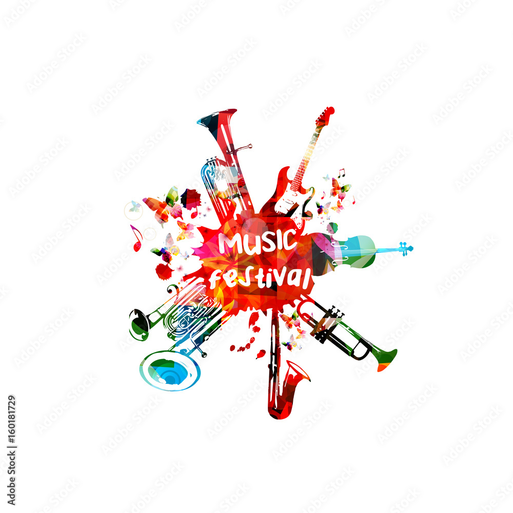 Obraz premium Music poster for music festival with instruments. Colorful euphonium, double bell euphonium, saxophone, trumpet, violoncello and guitar with music notes isolated vector illustration design