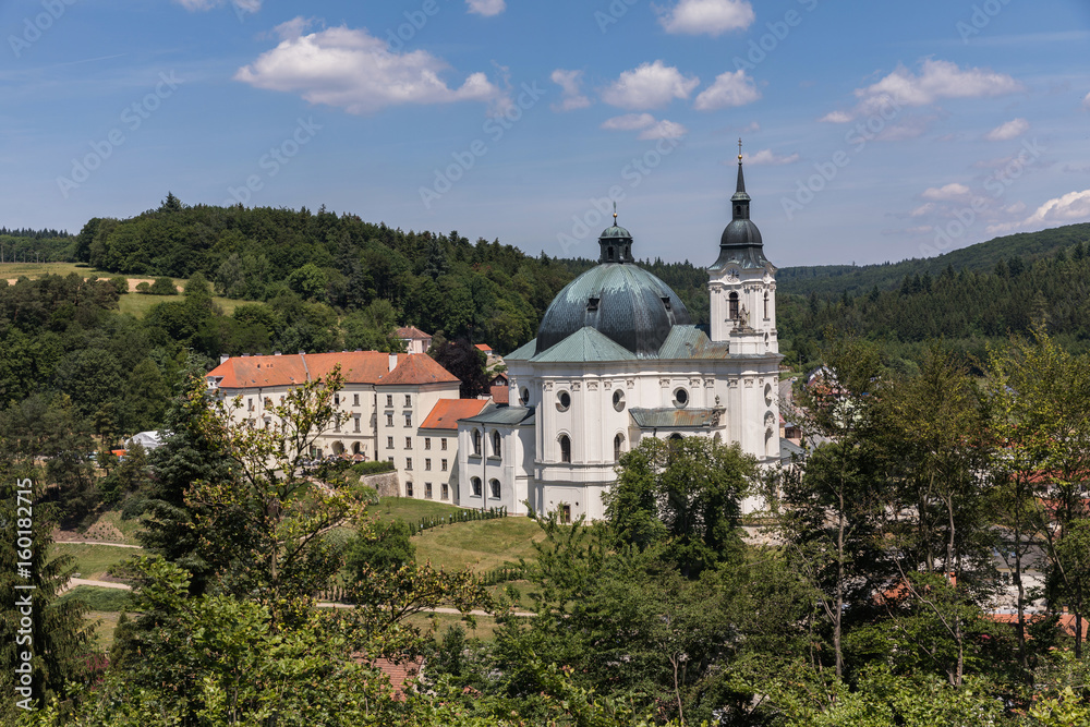 Aerial view on Church, monastery in Krtiny, Czech Republic. Virgin Mary ,Baroque monument. Architecture , Jan Santini Aichel Aerial view on Church, monastery in Krtiny, Czech Republic. Virgin Mary ,Baroque monument. Architecture , Jan Santini Aichel