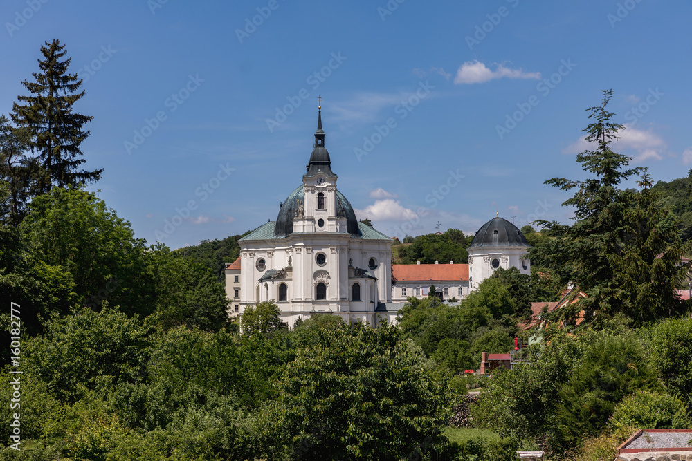 Aerial view on Church, monastery in Krtiny, Czech Republic. Virgin Mary ,Baroque monument. Architecture , Jan Santini Aichel