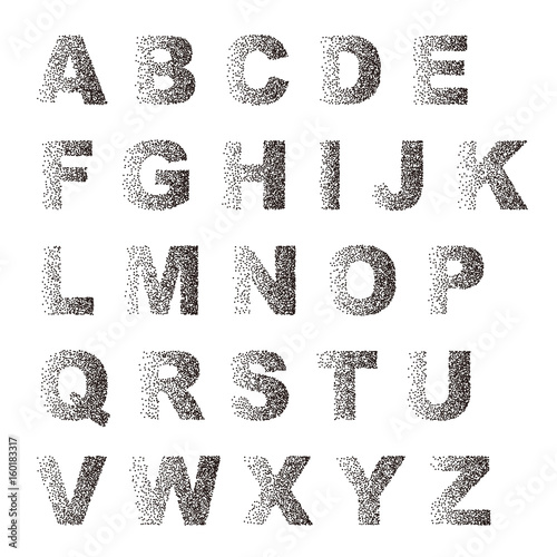 Black white stipple dots texture font typographic letters alphabet and notation