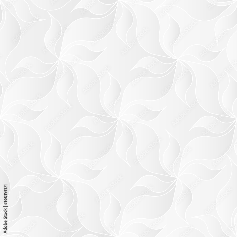 Neutral white texture. Decorative background with 3d pleated paper effect. Vector seamless repeating pattern with floral elements.