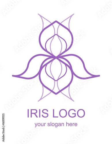 Floral linear icon. Iris flower lineart logo. Thin line logotype for a spa, wellness center, massage or beauty salon. Vector design element in monoline style isolated on white background. 