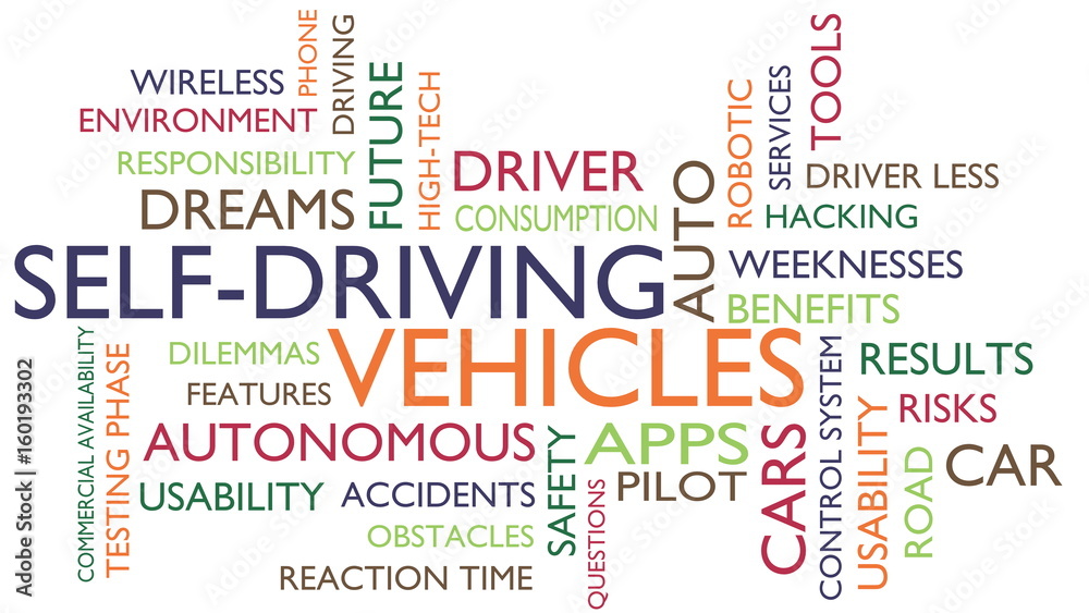 Autonomous self-driving vehicles word tag cloud. 3D rendering, white variant.