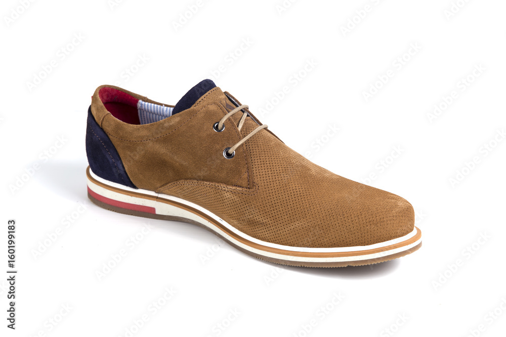 Male Brown Shoe on Black Background, Isolated Product, Top View, Studio.