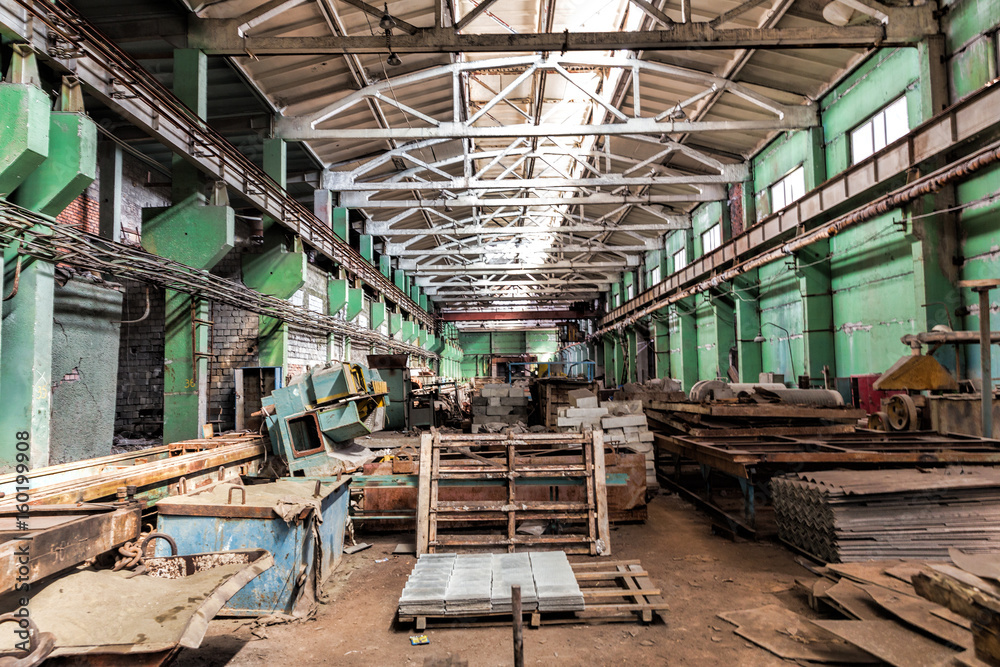 Slate production plant. Conveyor line. Workshop on processing of asbestos.