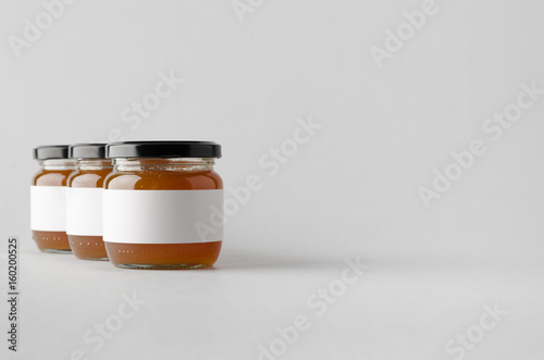 Apricot Jam Jar Mock-Up - Three Jars. Blank Label