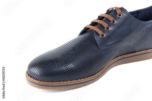 Male Blue Shoe on Black Background, Isolated Product, Top View, Studio.