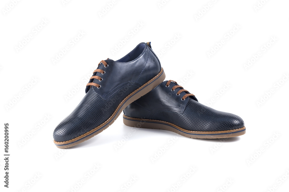 Male Blue Shoe on Black Background, Isolated Product, Top View, Studio.