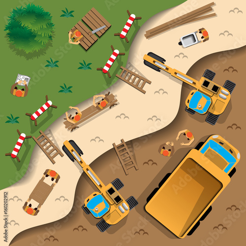Work at the quarry. View from above. Vector illustration.