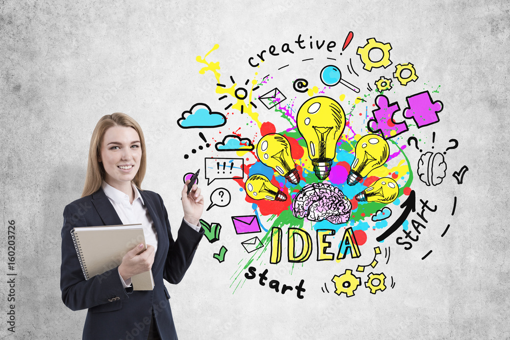 Smiling blond businesswoman with a marker, idea Smiling blond businesswoman with a marker, idea