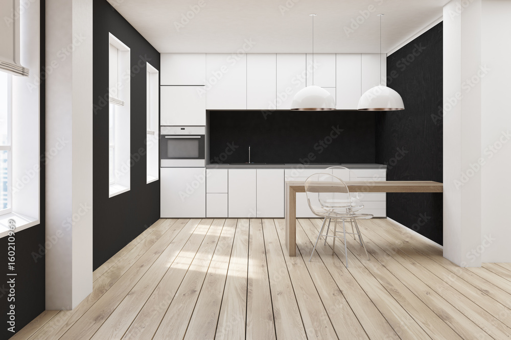 White and black kitchen, wooden floor front Stock Photo | Adobe Stock