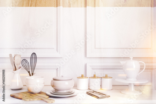 White wooden kitchen countertop toned