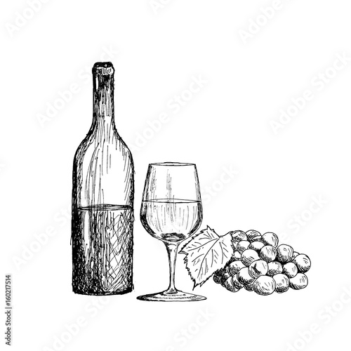 A set of wine. A glass, a bottle and a bunch of grapes Vintage Hand Drawn Sketch Vector illustration.