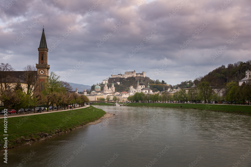 Fototapeta premium View of Fortress Hohensalzburg. and Salzach river in Salzburg