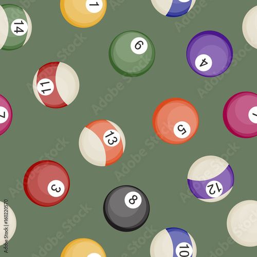 Billiards balls seamless pattern pool or snooker balls with cue ball vector illustration.