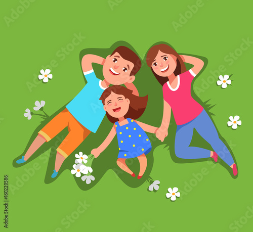 Vector illustration happy family father, mother and little daughter lying down lie in the grass top view look to the sky . Summer and family leisure