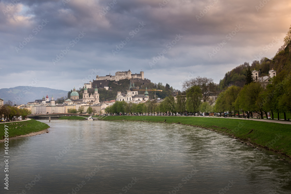 View of Fortress Hohensalzburg. and Salzach river in Salzburg View of Fortress Hohensalzburg. and Salzach river in Salzburg