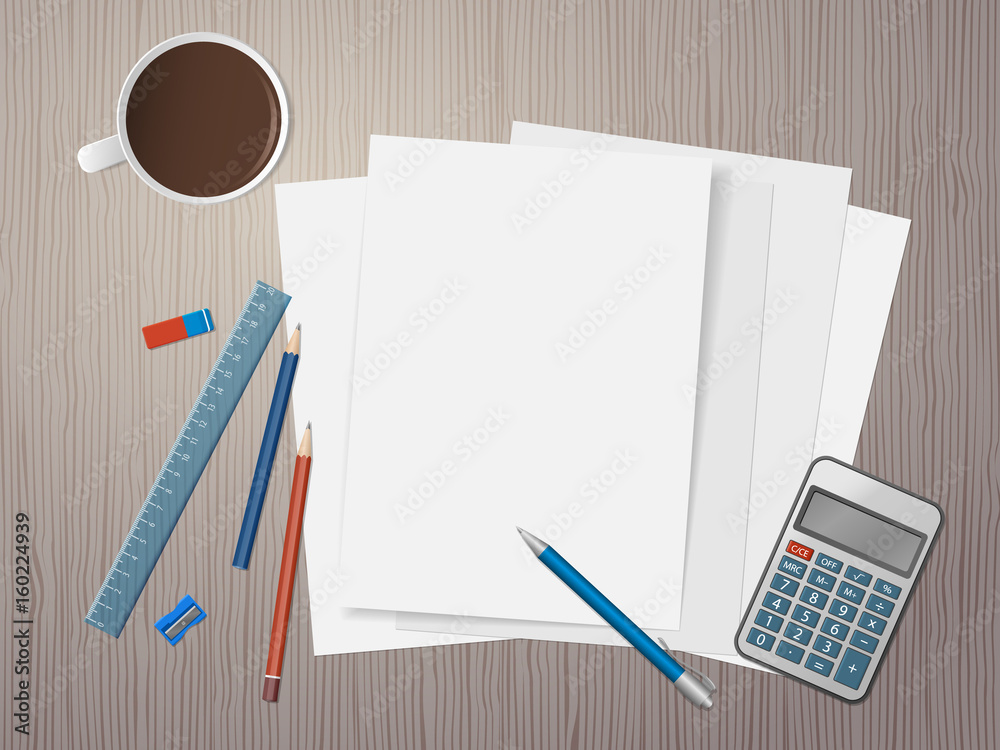 White sheets of paper, school supplies and cup of coffee on wooden desk. Back to school. Education and school concept. Vector illustration White sheets of paper, school supplies and cup of coffee on wooden desk. Back to school. Education and school concept. Vector illustration