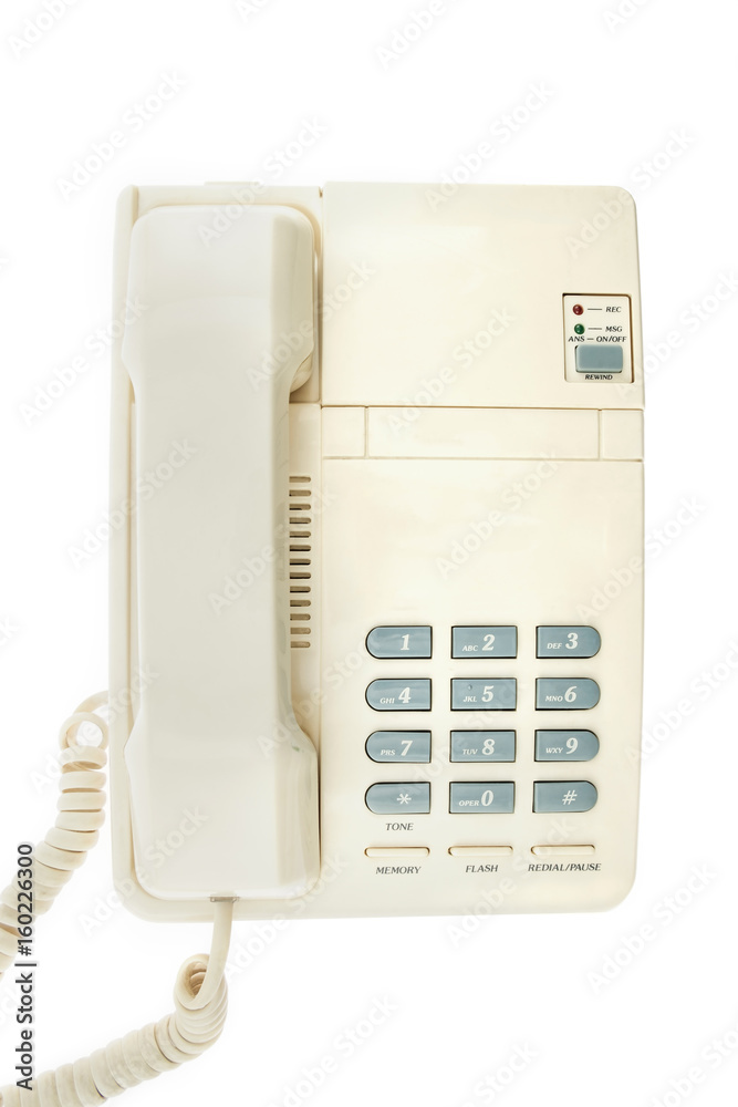 Landline phone / Landline phone, old telephone on white background. Top view. Landline phone / Landline phone, old telephone on white background. Top view.